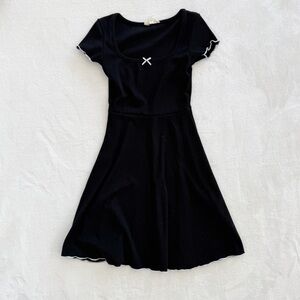 Black Ribbed Babydoll Dress XS White Picot Trim Bow